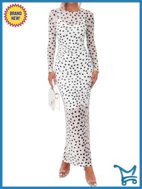 2 Piece Mesh Maxi Dress Set with Slip Dress Long Sleeve Back Slit